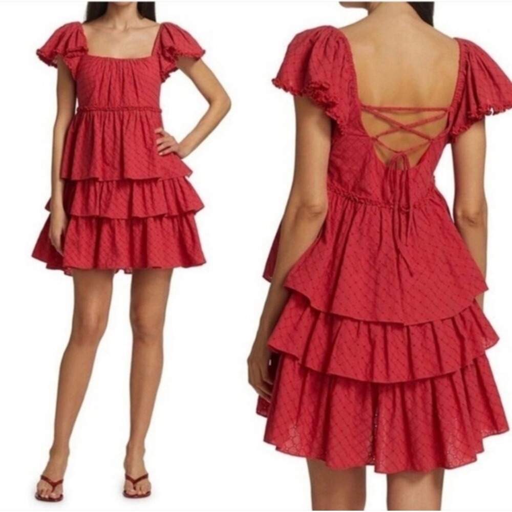 Cinq a Sept Marcia Red Eyelet Ruffle Tiered Lace Up Back Mini Dress Size 4‎